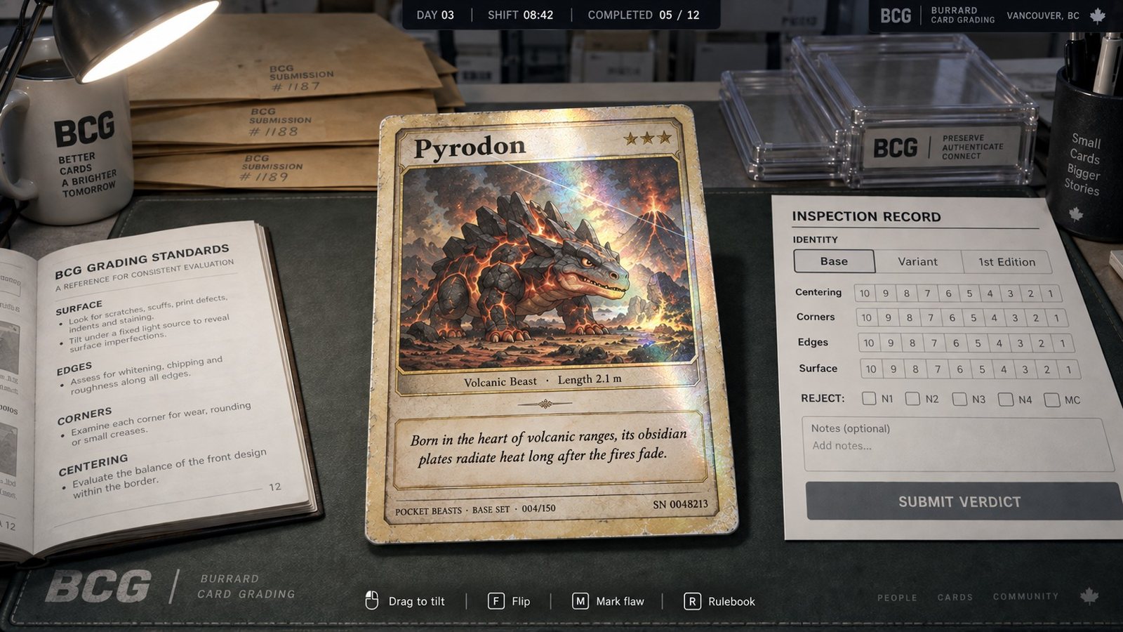 The grader's desk: a holographic card under a lamp beside a rulebook and inspection record